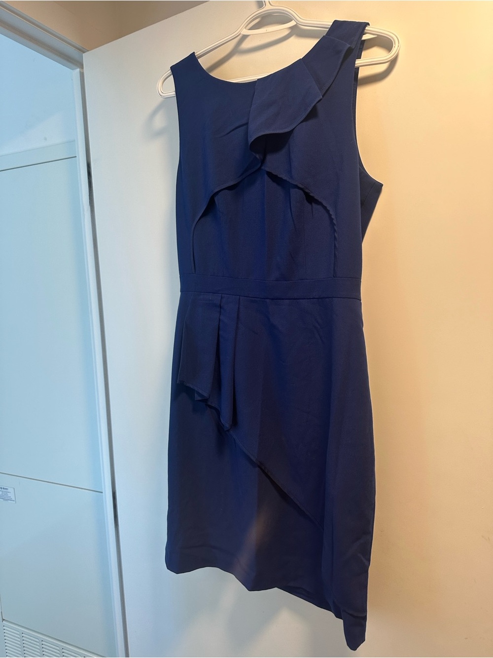 BCBGMaxAzria Navy Midi Dress with Gold Zip Accent
